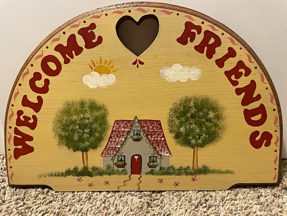 Vintage Hand Painted Wood Arch Wall Art "Welcome Friends" House Country